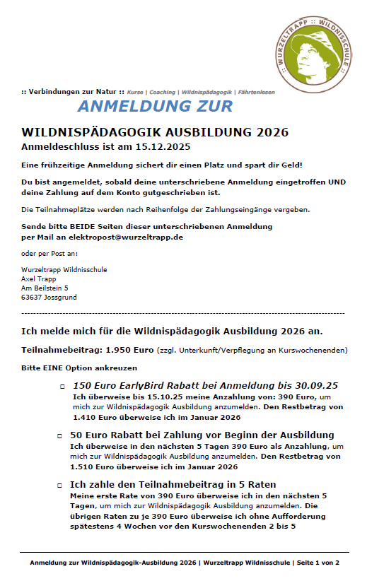 Wildnispädagogik 2026 Info und Anmeldung Wurzeltrapp Wildnisschule